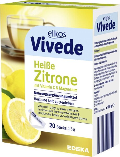 ELKOS Vivede Hot Lemon drink w. VitC&amp;Mag -powder sticks- /Heisse Zitrone m. Vit C&amp;Magn 20s (6)