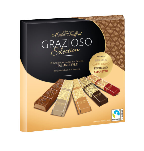 MAITRE TRUFFOUT Grazioso Milchschokoladenriegel Auswahl Italian Flair  / Selection of milk chocolate bars  - Italian flavors 200g (25)