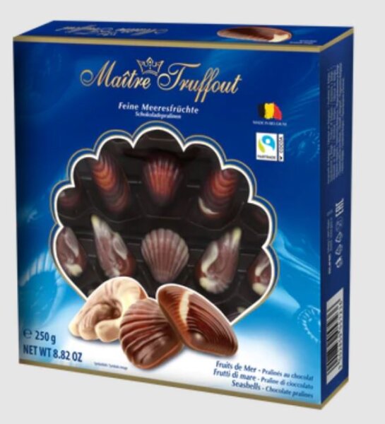 MAITRE TRUFFOUT Belgische Pralinen &quot;Meeresfruechte&quot; &lt;blau&gt; / Belgian pralines &quot;sea shells&quot;  &lt;blue&gt; 250g (12)