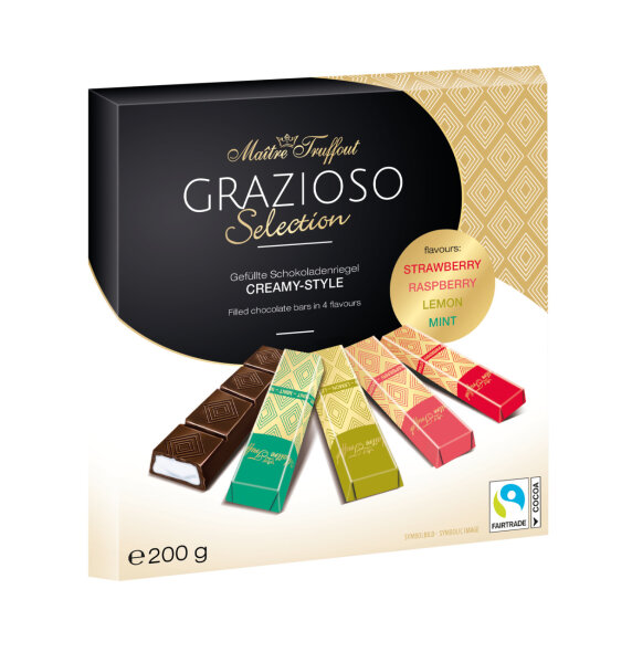 MAITRE TRUFFOUT &quot;Grazioso&quot; Dark Chocolate bars w. assort. fruit cream fillings./ Zartbitterriegel m. versch. Fruchtcremefllg. 200g (25)