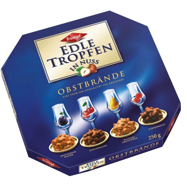 TRUMPF Edle Tropfen in Nuss- Chocolate-Nut Pralines with Fruit Brandy -blue-/ Obstbraende -blau- 250g (6)